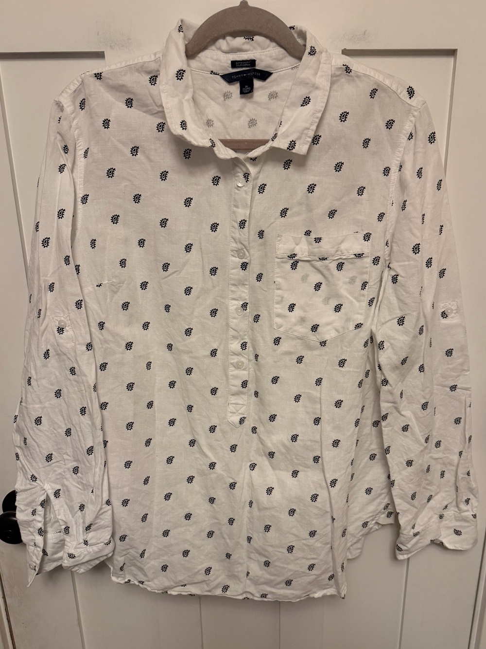 Tommy Hilfiger XL popover linen blend long sleeve top paisley print collared